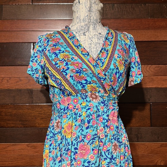 No Brand Tag V Neck Short Sleeve Teal Blue Floral Wrap Midi Dress - Picture 4 of 9
